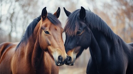 Fototapeta premium Two horses nuzzling each other, showcasing their strong bond and companionship