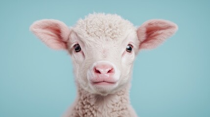 Obraz premium Close-up portrait of a cute white lamb looking directly forward against a solid light blue studio background.