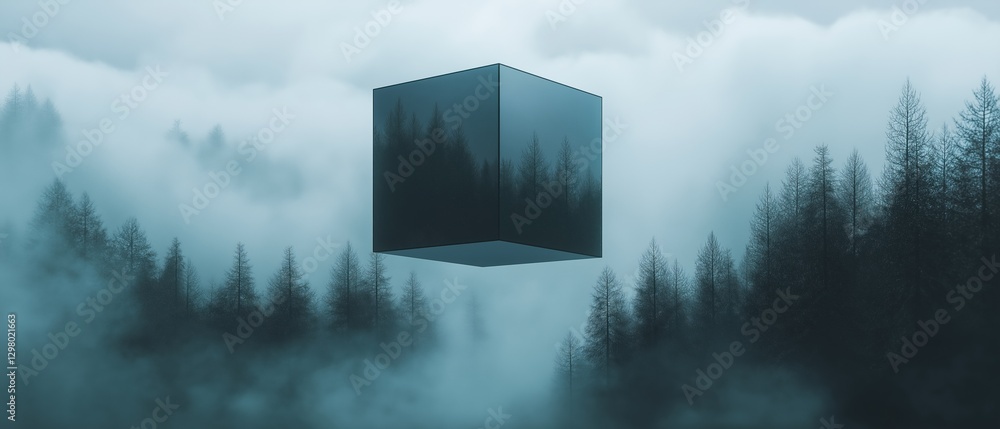 Poster digital illustration of a cube floating in the air over a foggy forest. the cube is black and appear