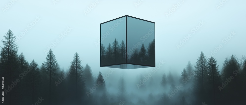 Poster digital illustration of a cube floating in the middle of a foggy forest. the cube is black and appea