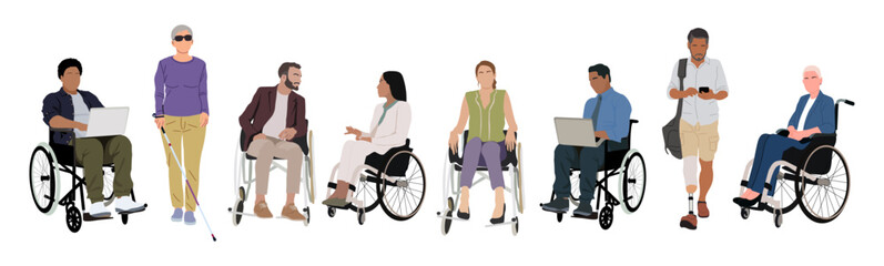 Obraz premium Multiracial disabled people character vector illustration set isolated on white background. Different Men women with special needs, prosthesis, stick, in wheelchair, blind. Inclusive business concept.