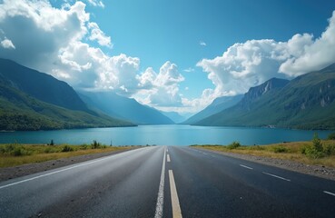 Naklejka premium Asphalt road stretches toward green mountains, calm lake. Blue sky with clouds backdrop. Travel by highway to scenic natural landscapes. Journey through majestic environment for relaxation, tourism.