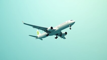 Obraz premium Sustainable Aviation. White commercial airplane flying in clear bright sky, aviation travel transportation concept, suitable for tourism, business, technology backgrounds, blue gradient airy atmosphe