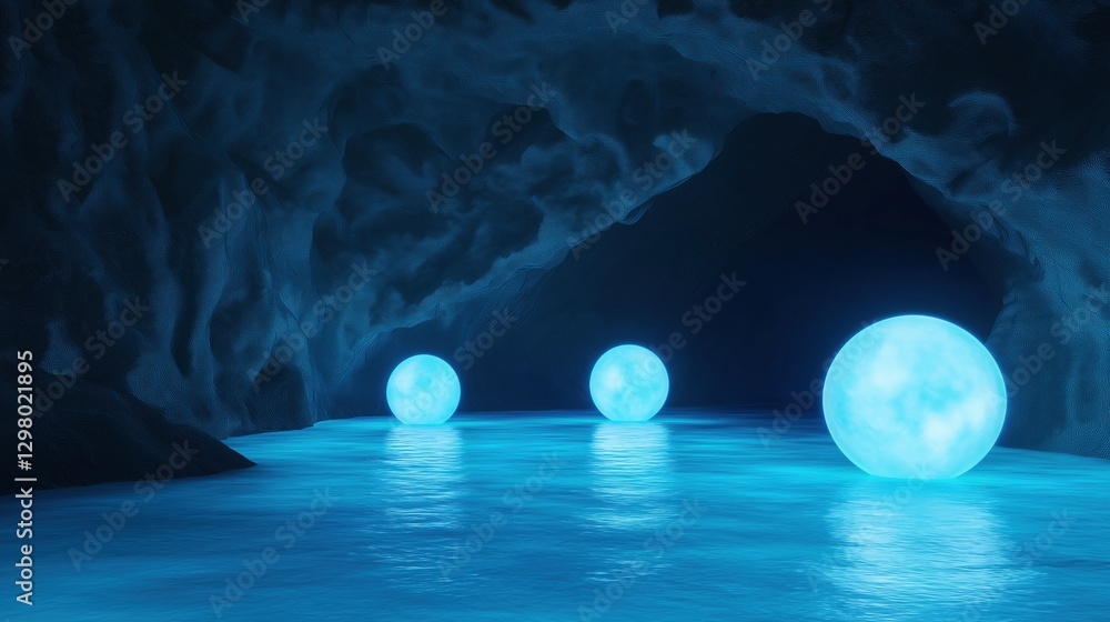 Poster dark cave with a pool of water at the bottom. the cave appears to be made of rock and has a cave ent