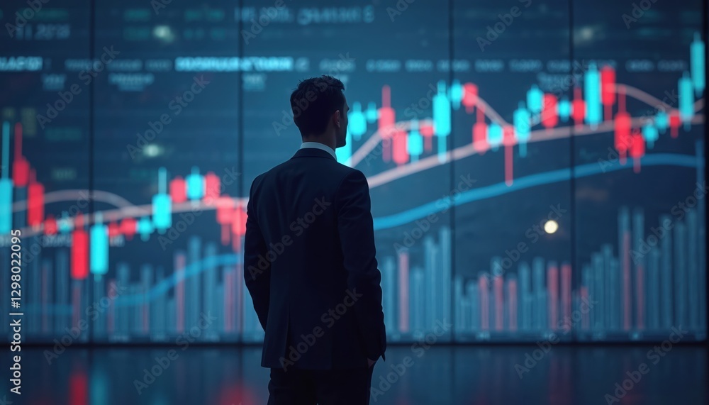 Aufkleber rear view of man in suit looking at stock market charts on screen. trader analyzes financial data, s