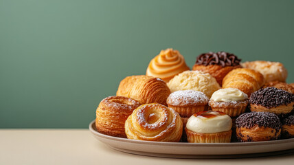 A variety of delicious pastries on a plate with a green background.