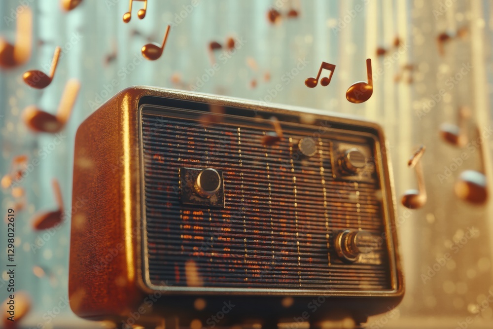 Poster vintage radio playing music in a cozy environment filled with floating musical notes and a warm atmo
