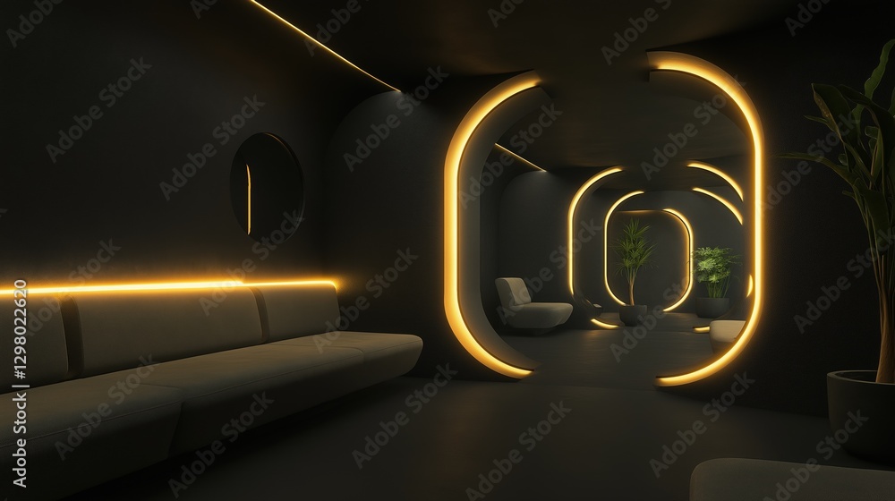 Poster modern and luxurious interior of a room with a black wall and floor. the room has a curved ceiling w