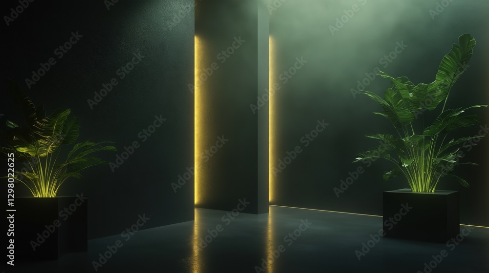 Poster dark room with two potted plants on either side of a tall column. the columns are lit up with a brig