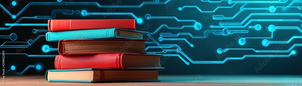 Poster knowledge and creativity concept. stack of colorful books with a digital circuit background, symboli