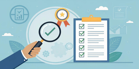 Illustration of document checklist being reviewed with magnifying glass. Ideal for auditing, compliance, QA, or business presentations.