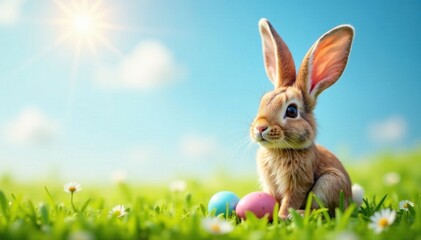 Fototapeta premium Whimsical bunny ears on a sunny meadow with eggs, bunny ears, easter eggs, eastern theme