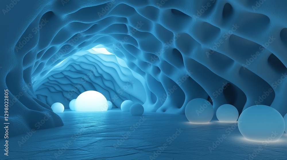 Poster 3d rendering of an ice cave. the cave is made up of a series of curved, wavy lines that create a tunnel-like structure.