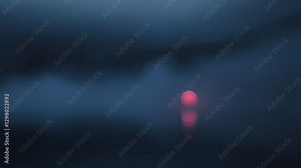 Poster digital illustration of a red sphere floating on the surface of a body of water. the sphere is in th