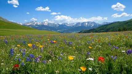 Wildflowers blooming in a vast green meadow with mountains in the background