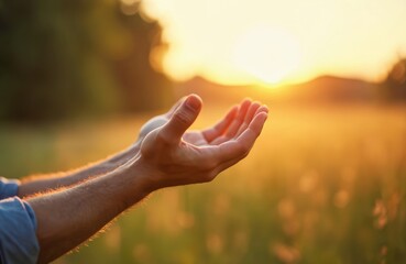 Male hands reach for sunset light on blurred natural background. Blessing, hope, faith, devotion, prayer to God. Belief in God. Religion, spirituality concept for forgiveness, peace, harmony,