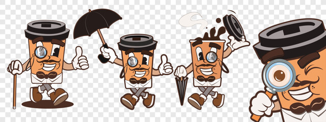 Coffee gentleman character in different poses. Vector set of coffee cup character. Simple illustration. EPS 10