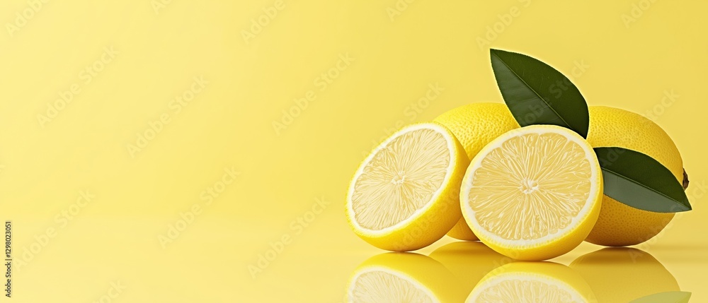 Poster three lemons with their leaves on a yellow background. the lemons are arranged in a triangular forma