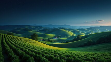 Obraz premium Landscape featuring undulating rolling hills blanketed with vibrant, lush, and healthy crops, creating a sense of rural serenity and harmony.