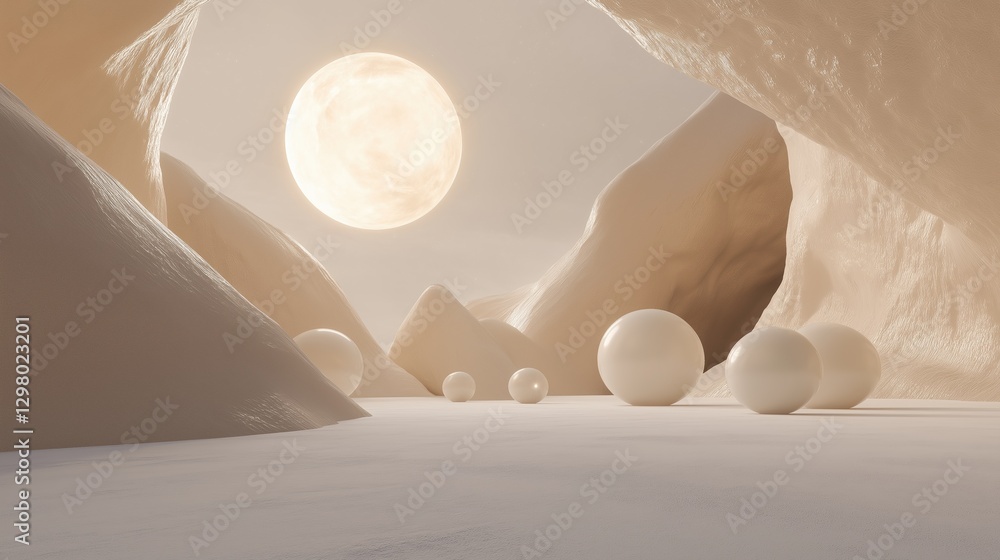 Poster 3d rendering of a desert landscape with a large white moon in the background. the sky is a pale pink
