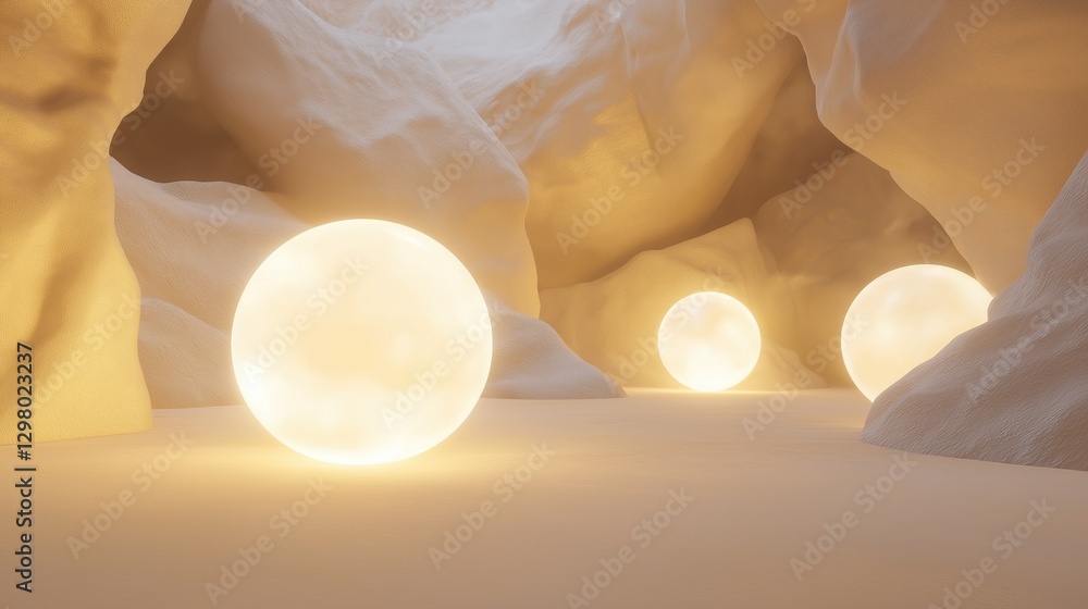 Poster three white spheres floating in the middle of a desert-like landscape. the spheres are spherical in 