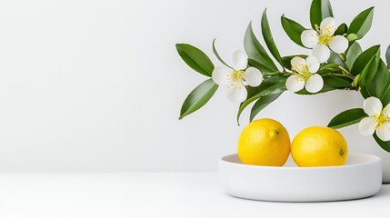 Two Lemons and Blooming Branch on White Background