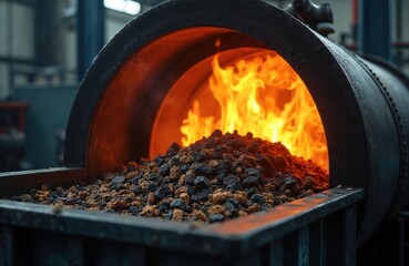 Pyrolysis process of organic material inside high-tech plant furnace. Biomass production, energy generation. Bio-fuel, biogas alternative. Decomposition of waste, carbon cycle. Industrial solution