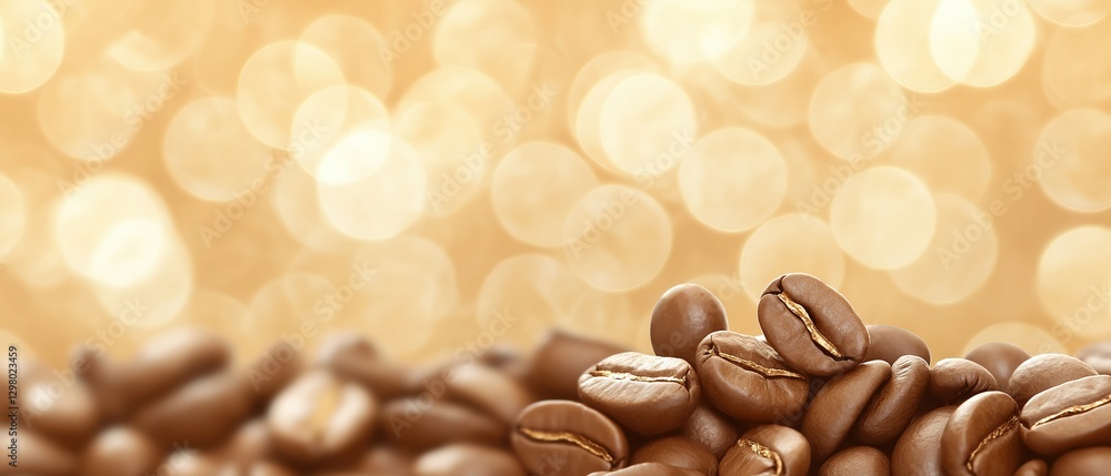 Poster close-up of a pile of coffee beans. the beans are dark brown in color and appear to be freshly roast