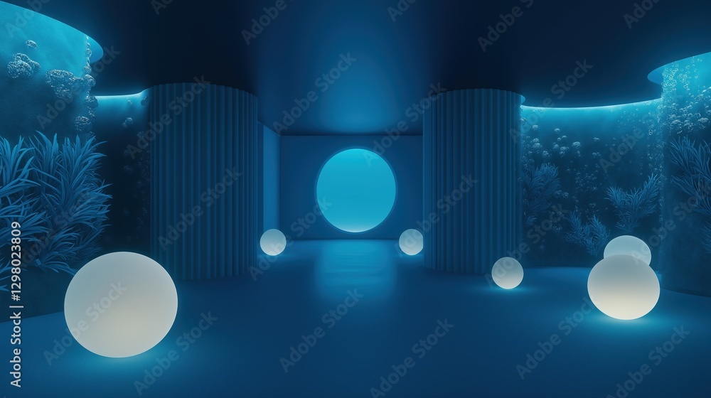 Poster 3d rendering of an underwater scene. the background is a deep blue color, and the floor is made of c