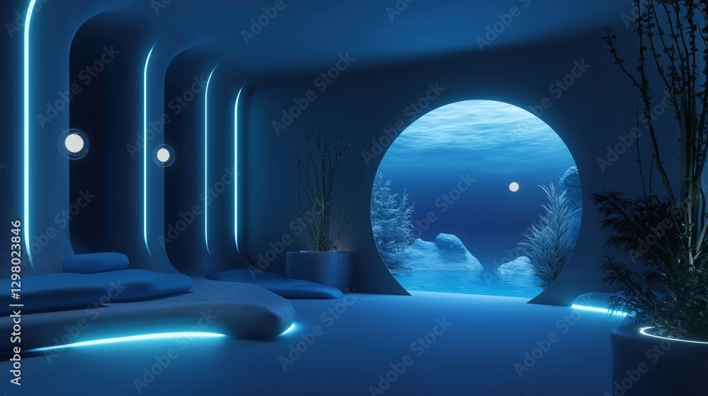 Poster modern and futuristic interior of a room with a deep blue color scheme. the room has a curved ceilin