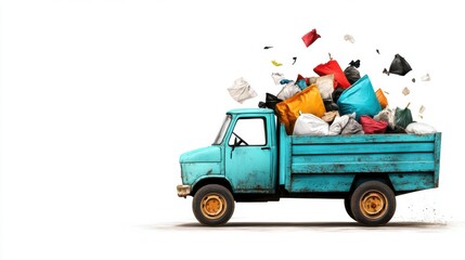 Fototapeta premium Vintage truck overloaded with colorful garbage bags
