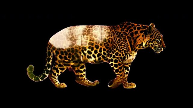 Double exposure leopard animal 4K video, transparent, alpha channel, ProRes 4444