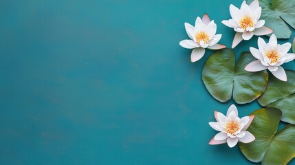 Beautiful white water lilies on a serene teal background, perfect for nature-themed projects and calm aesthetics.