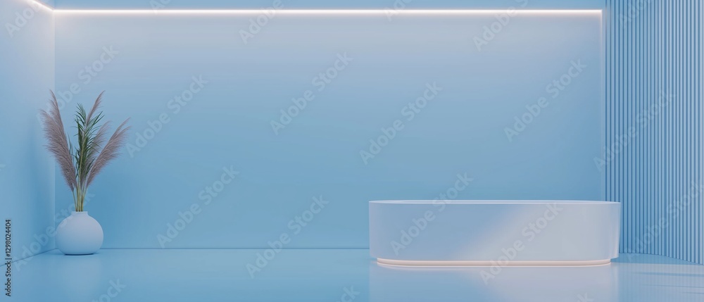 Poster modern and minimalist interior design with a light blue color scheme. the walls are painted in a gra