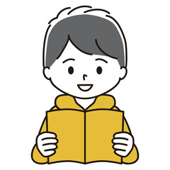 本を読む男の子のイラスト　笑顔　黒髪