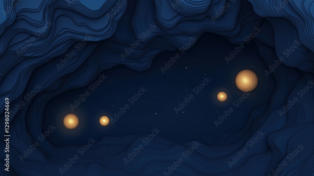 Poster abstract digital art piece with a dark blue background. the background has a wave-like pattern that 