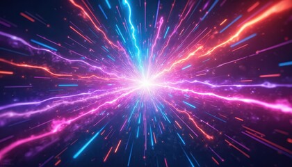 Bright neon light explosion with vibrant purple, pink, blue rays. Energy burst, flash of speed, motion. Futuristic technology sparkles, shines with dynamic, powerful, cosmic starburst.