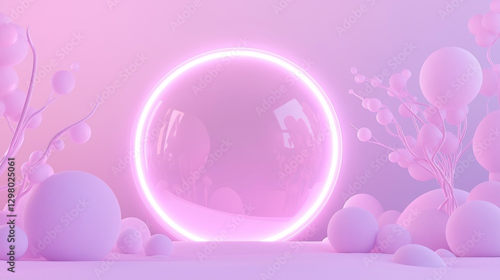 Poster 3d rendering of a pink and purple abstract background with a large circular light in the center.