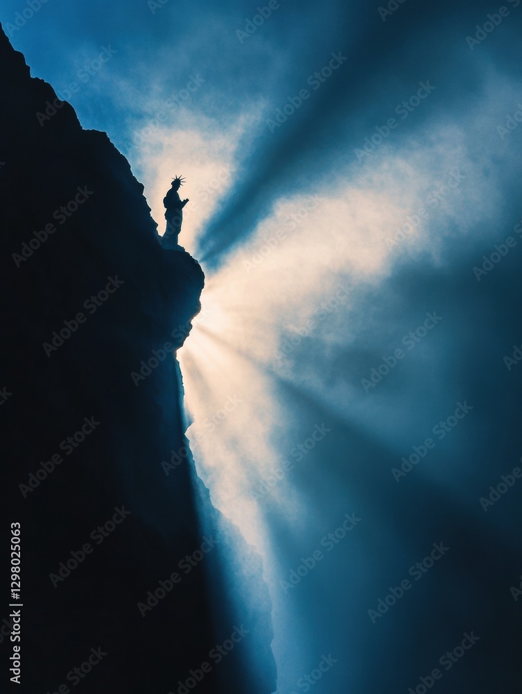 Aufkleber silhouette of a climber atop a mountain peak surrounded by rays of light during dusk. generative ai