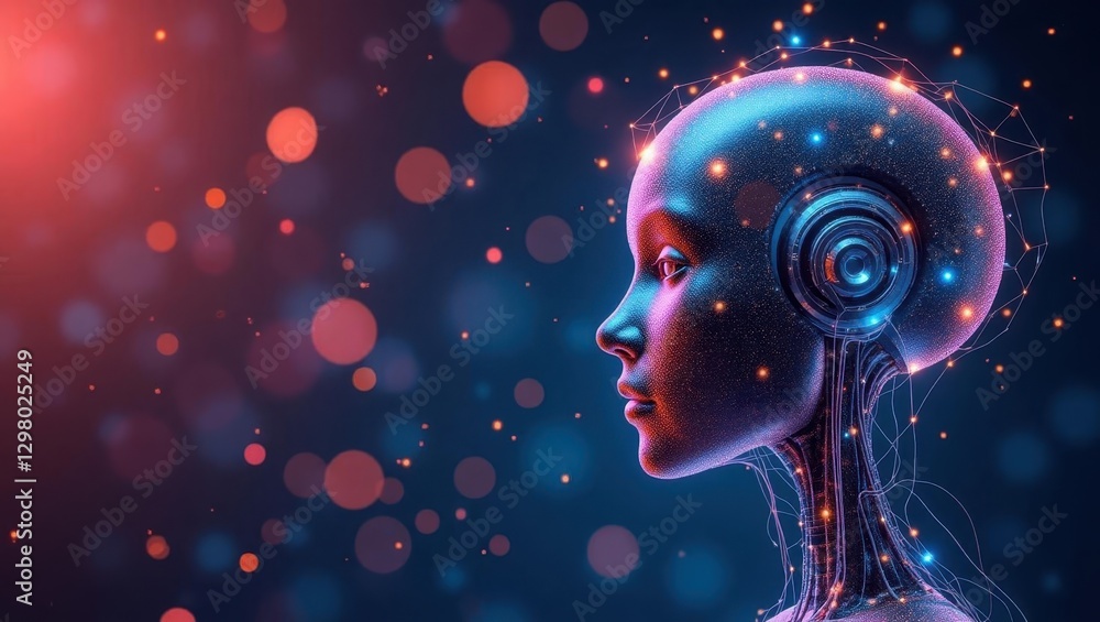 Aufkleber ai ethical issues. head of woman with futuristic head and glowing lights