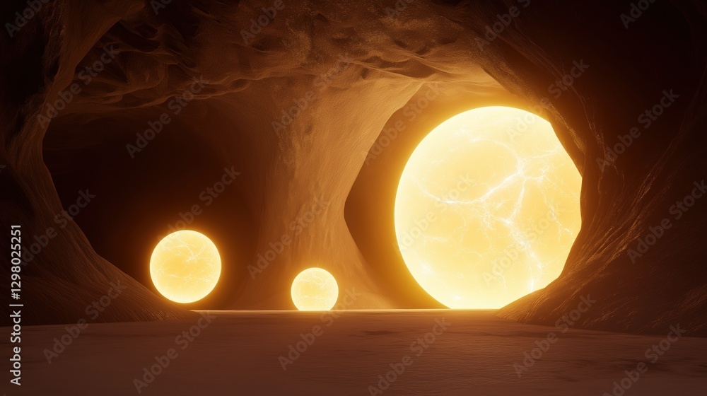 Aufkleber cave with three glowing orbs in the center. the orbs are circular in shape and appear to be glowing 