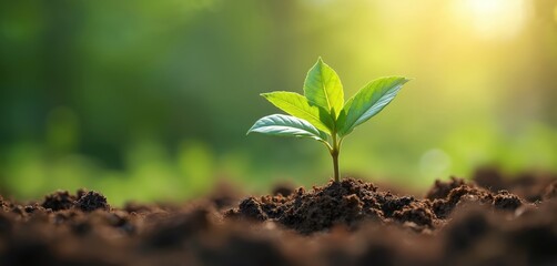Close-up of young sprout with green leaves growing in soil. Represents new life, growth, eco awareness, environmental conservation. Seedling germinates in sunlight, hope, sustainable development,
