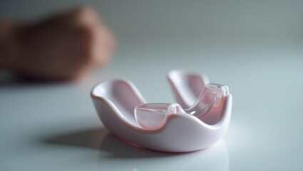 Anti Snoring Mouthpiece. Pink dental retainer close-up with blurred pe