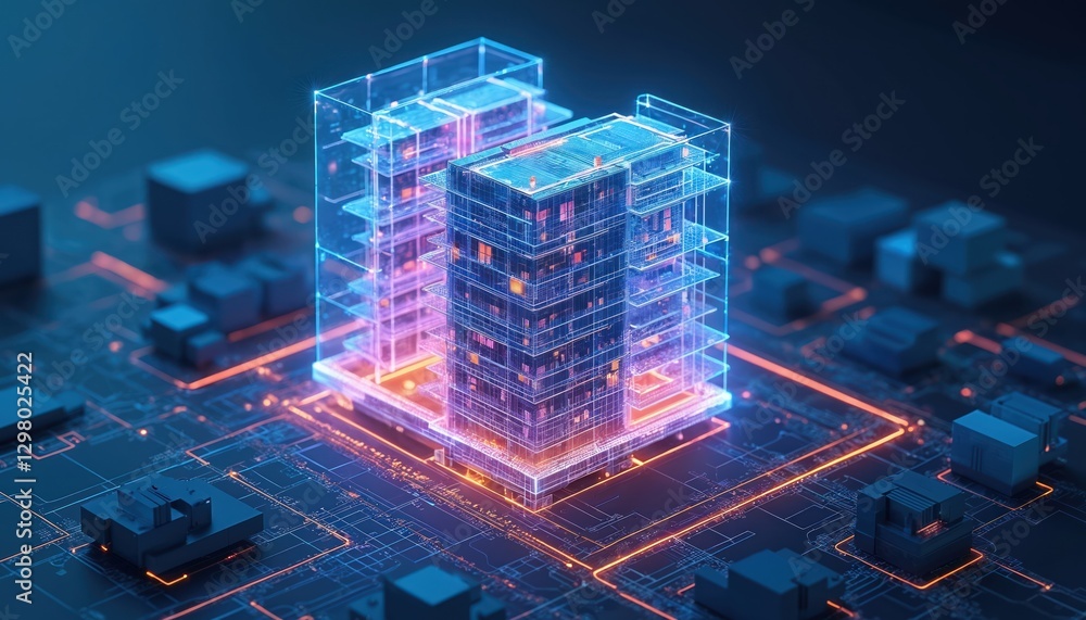 Poster digital blueprint of office building with holographic elements. innovative tech behind construction,