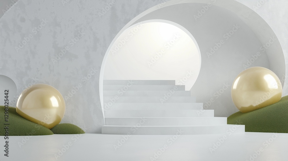 Poster 3d rendering of a white staircase in a room with a white wall and a large archway. the staircase is 