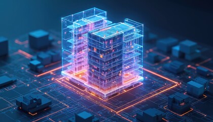 Digital blueprint of office building with holographic elements. Innovative tech behind construction, lifecycle management. Architectural design shows modern schematic floor plan, wireframe, CAD in