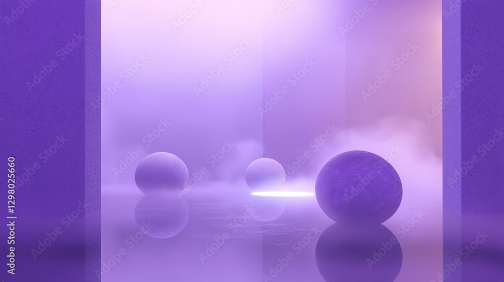 Poster digital illustration of three spheres on a reflective surface. the spheres are arranged in a triangu