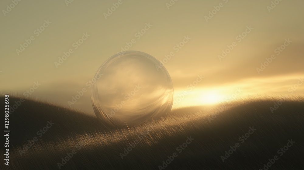 Poster digital art piece that appears to be a photograph of a sphere in the middle of a field. the sphere i