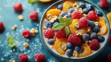 Delicious yogurt with berries and granola in bowl on table, closeup