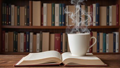 Naklejka premium Elegant tea cup with steam above an open book, literary inspiration for World Book Day